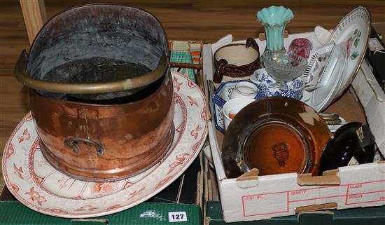 Three boxes of ceramics, a copper coal scuttle, etc.